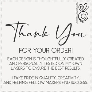 May include: A cream-colored card with black text that reads "Thank You FOR YOUR ORDER!". Additional text states designs are thoughtfully created and tested. A decorative logo is in the upper right corner. The card is bordered with small black dots.