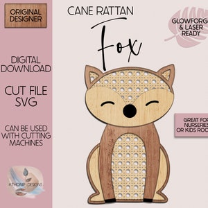 Fichier découpé au laser renard rotin SVG, renard en rotin mignon, signe de chambre d'enfant bohème, renard des bois SVG, renard des bois, décoration de chambre d'enfant, Glowforge, XTool