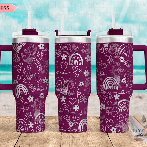 Mermaid Unicorn & Rainbow Doodles Laser Engraved Full Wrap for 40oz Tumbler, Digital Download, Seamless Design, SVG For Laser Rotary