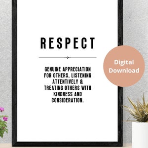 Respect Definition Printable Wall Decor Home Office Decor, Inspirational Poster, Motivational Artwork, Modern Minimalist, Black & White Art