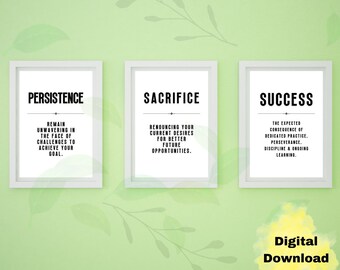 Arte mural imprimible "Persistencia, Sacrificio, Éxito", cita inspiradora de motivación, afirmación positiva, decoración de oficina y negocios, emprendedor.