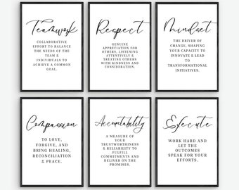 Conjunto de 6 impresiones artísticas de pared con frases inspiradoras y motivacionales sobre trabajo en equipo, respeto, compasión, responsabilidad y ejecución. Decoración para el hogar y la oficina.
