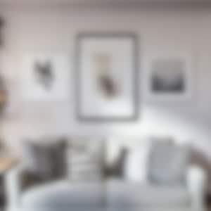 May include: A white couch with gray throw pillows in a living room with a black metal shelf unit and framed artwork on the wall.