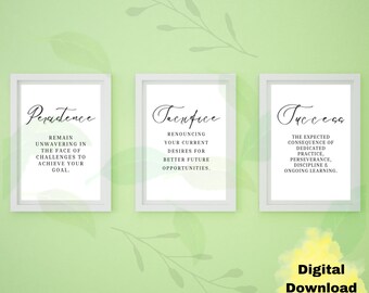 Arte mural imprimible "Persistencia, Sacrificio, Éxito", cita inspiradora de motivación, afirmación positiva, decoración de oficina y negocios, emprendedor.