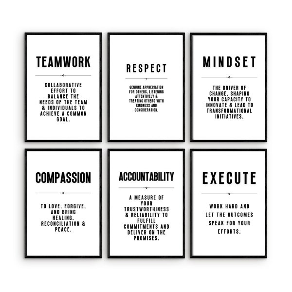 6er Set Teamwork Respekt Mindset Compassion Accountability exekutieren druckbare Wandkunst, Büro Wohnkultur Inspirierend motivierendes Kunstwerk