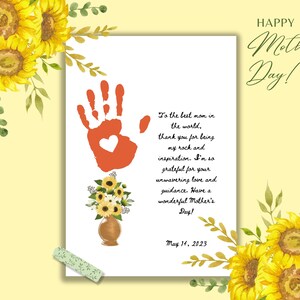Manualidad con huellas de manos del Día de la Madre DIY, plantilla de girasol imprimible, regalo personalizado para mamá, recuerdo personalizable con la huella de la mano del niño