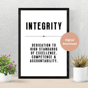 May include: Black and white printable wall art with the word "Integrity" in bold, followed by the definition: "Dedication to high standards of excellence, competence & accountability."