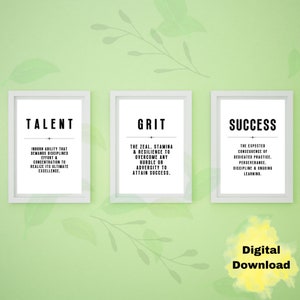 Talent Grit Success druckbare Wandkunst, Motivation Haus-Bürodekor, Inspirationszitat, positive Affirmation, Unternehmer, bestandenes Geschenk