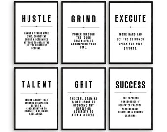 Juego de 6 impresiones de arte mural: "Hustle Grind Execute Talent", "Éxito", "Frases inspiradoras", "Afirmación positiva", "Decoración para el hogar y la oficina", "Emprendedor"