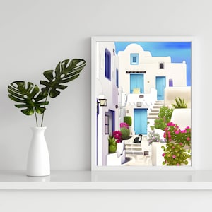 Mykonos Alley Living Room Printable Wall Art, Greece Home Decor, Greek Island Wall Art, Instant Download, Coastal Living Room Art Print