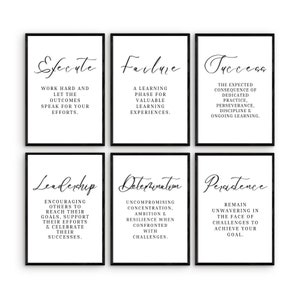 May include: Set of six black and white printable wall art prints with motivational quotes. The quotes are: Execute, Failure, Success, Leadership, Determination, and Persistence.