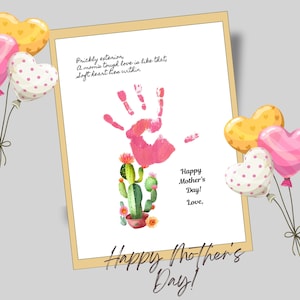 Muttertag Handabdruck druckbar, Blühender Kaktus DIY Handwerk, personalisiertes Geschenk für Mutter, Haiku Gedicht Andenken mit Handabdruck des Kindes