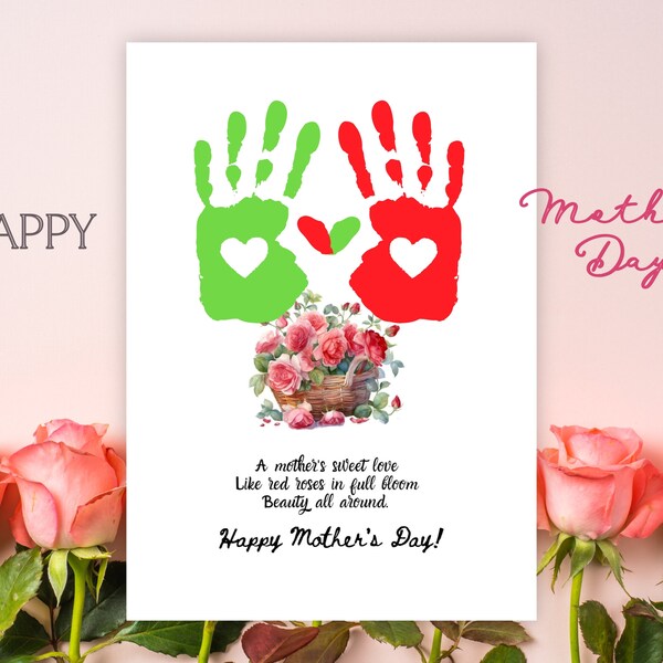 Mother's Day Handprint Craft Printable, Red Rose Basket DIY Template, Personalized Gift for Mom, Haiku Poem Keepsake with Child Handprint