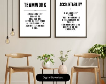 Arte de pared imprimible para oficina sobre responsabilidad en el trabajo en equipo, decoración motivacional, citas inspiradoras, afirmaciones positivas, citas laborales, negocios, éxito.