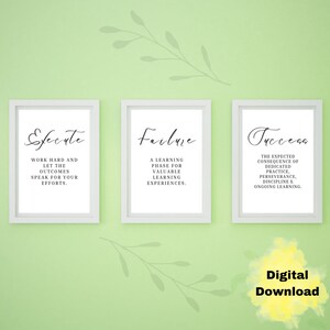 May include: Three white framed motivational posters with black text. The first poster says "Execute" and "Work hard and let the outcomes speak for your efforts." The second poster says "Failure" and "A learning phase for valuable learning experiences." The third poster says "Success" and "The expected consequence of dedicated practice, perseverance, discipline & ongoing learning."