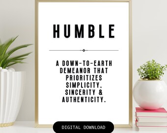 Arte de pared imprimible con definición de humildad, decoración de oficina, póster tipográfico inspirador, obra de arte motivacional para el trabajo, decoración de oficina en casa.