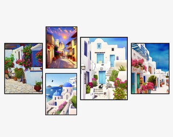 Juego de 5 pinturas de pared imprimibles de Mykonos, decoración de sala de estar costera de Grecia, descarga instantánea, decoración del hogar bohemio playero, arte de pared de isla griega