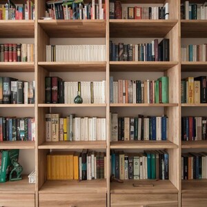 Puede incluir: Una estantería de madera llena de libros. Los estantes están organizados con filas de libros de varios colores y tamaños. La estantería tiene un acabado marrón claro y está hecha de madera.