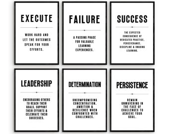 Juego de 6 láminas de arte mural imprimibles: "Ejecutar el fracaso, el éxito, el liderazgo", frases inspiradoras, afirmaciones positivas, decoración para el hogar y la oficina, emprendedor.