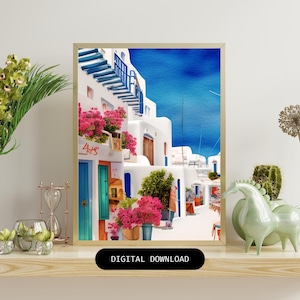 Mykonos Town Painting Printable Wall Art, Greece Coastal Living Room Decor, Instant Download Aegean Sea Beach House Painting, Boho Style