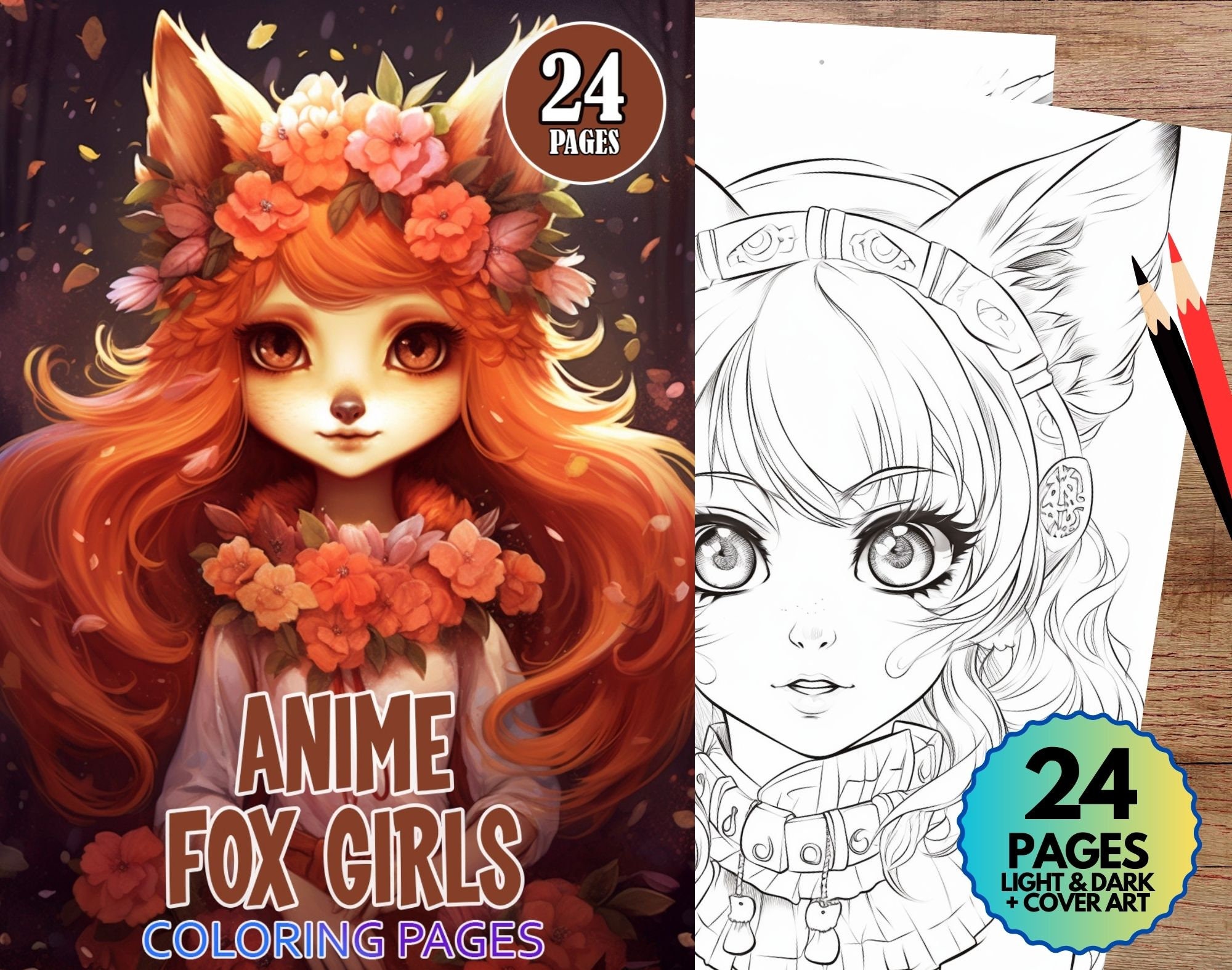 Anime Fox Girls Colouring Pages 24 Pack Adult Kids Colouring, Colouring ...