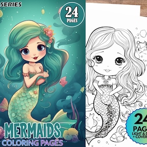 Mermaid Coloring Pages, 24 Pack, Adult + Kid Coloring, Digital Download, Greyscale, Dark + Light, Fantasy