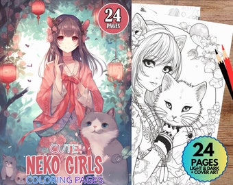 Anime Neko Girls Coloring Pages, 24 Pack, Manga, Adult + Kids Coloring, Instant PDF Download, Colouring