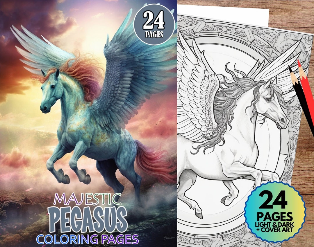 Majestic Pegasus Coloring Book, 24 Coloring Pages, Instant PDF Download