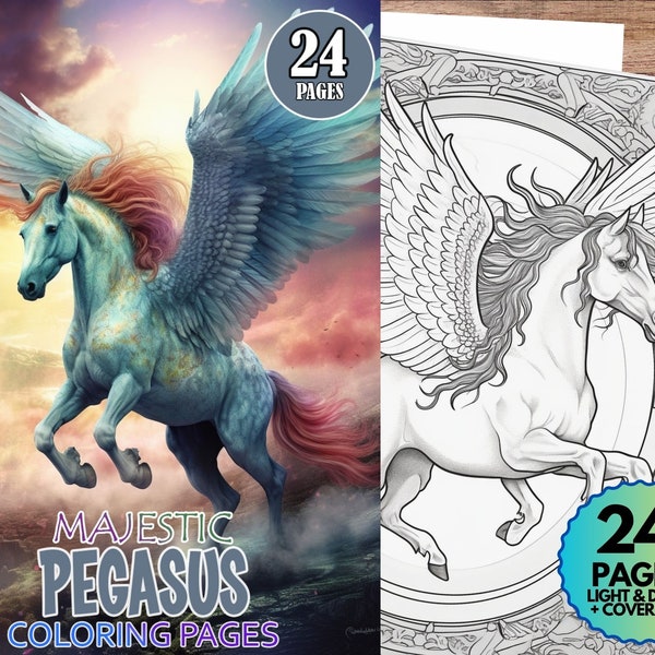 Majestic Pegasus Coloring Book, 24 Coloring Pages, Instant PDF Download, Adult Coloring, Fantasy Coloring