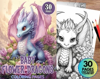 Baby Flower Dragon Colouring Pages - 30 Pages - Adult + Kids Colouring, Digital Download, Floral, Cute, Grayscale