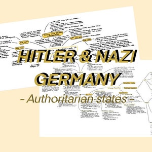 May include: A handwritten mind map on white paper with black ink. The mind map is titled "Hitler & Nazi Germany - Authoritarian States". The mind map explores the rise of the Nazi party in Germany, including topics like propaganda, ideology, and the impact of the Treaty of Versailles.