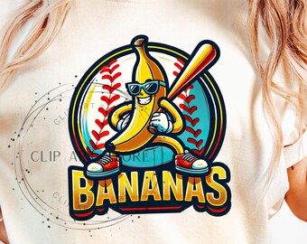 Let&#39;s Go Bananen Baseball PNG, Sportteam Maskottchen, lustige Banane Baseball spielen, Sublimation digitaler Download, druckbare Shirt Bekleidung