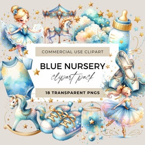 Aquarelle bleu chambre d'enfant clipart, graphique magique de carrousel de ballerine lunatique, vintage carrousel poney, chambre d'enfant PNG, clipart baby shower