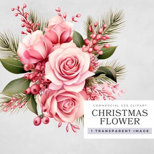 Clipart de flores de Natal, clipart para uso comercial, PNG de Natal, PNG transparente, florais de Natal, buquês de Natal, clipart de inverno