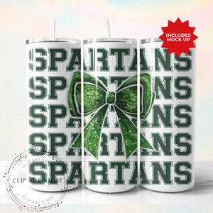 Spartans schoolteam mascotte boog beker wrap, groen team voetbal, cheer, schoolgeest, speldag, sport moeder sublimatie ontwerp, 20oz mager