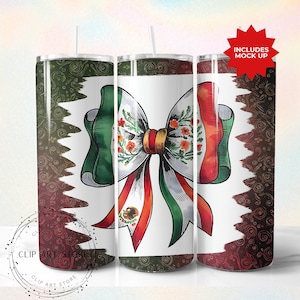 Latino Sublimation Tumbler Design, Mexican Flag Coquette Bow 20oz Tumbler Wrap PNG, Mexican Flag Art Latino PNG, Skinny Tumbler Download