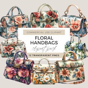Conjunto de imágenes prediseñadas de acuarela de bolsos con flores, bolso floral PNG transparente, descarga digital, creación de tarjetas con accesorios para bolsos, diario basura