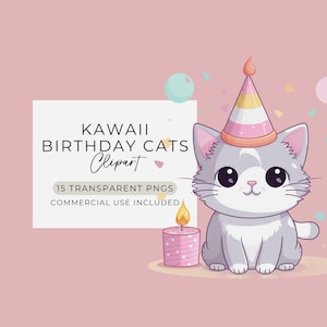 Gatti di compleanno Kawaii, Clipart per uso commerciale, ClipArt di gatti carini, PNG trasparenti, Grafica di gatti Kawaii, Set di clipart Kawaii
