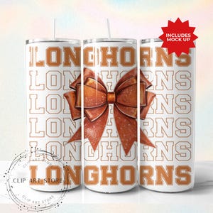 Longhorns School Team Bow Tumbler Wrap, oranje teamvoetbal, juichen, schoolgeest, speldag, sportmoeder sublimatieontwerp, 20oz mager