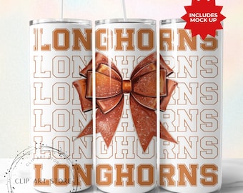 Longhorns School Team Bow Tumbler Wrap, Orange Team Football, Jubeln, Schulgeist, Spieltag, Sport Mom Sublimationsdesign, 20 Unzen dünn