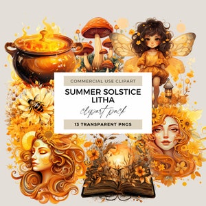 Watercolor Litha Clipart PNG Set, Floral Pagan Holiday Wiccan Art Illustrations Clip art, Summer Solstice png, Litha Sun Goddess Sublimation