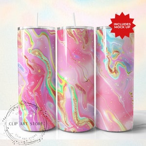 Rainbow Tumbler Wrap, Marble Neon Colors and Gold Glitter, 20oz Tumbler Sublimation Design PNG, Alcohol Ink Tumbler PNG File