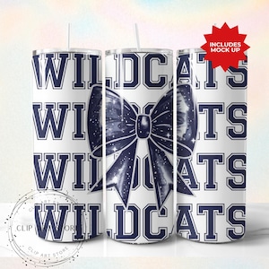Wildcats School Team Maskottchen Bow Tumbler Wrap, Blue Team Football, Beifall, Schulgeist, Spieltag, Sport Mom Sublimation Design, 20 Unzen Skinny