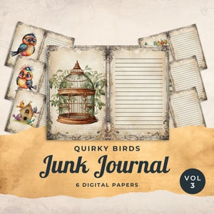 Quirky Birds Junk Journal Digital Paper, Funny Birds, 6 Digital Journal Pages, Paper Craft, Collage Sheet 11 x 8.5, JJ001