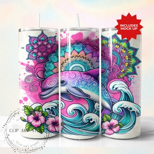 Involucro tumbler delfino, modelli di design a sublimazione tropicale, involucro tumbler floreale oceano spiaggia ibisco, download digitale, involucro tumbler da 20 once