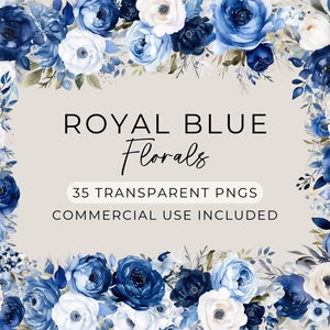 Aquarel bloemen clipart koningsblauw, illustraties voor commercieel gebruik, bruiloft bloemen, transparante png, botanische boeketten