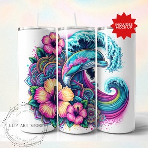 Involucro tumbler delfino, modelli di design a sublimazione tropicale, involucro tumbler floreale oceano spiaggia ibisco, download digitale, involucro tumbler da 20 once