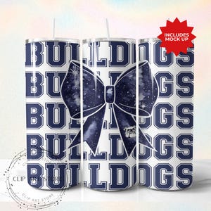 Bulldogs School Team Maskottchen Bow Tumbler Wrap, Blue Team Football, Beifall, Schulgeist, Spieltag, Sport Mom Sublimation Design, 20 Unzen Skinny