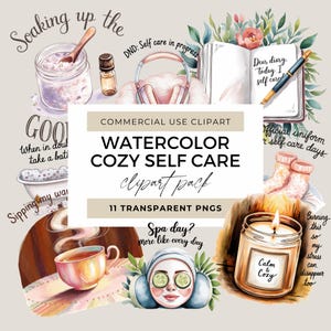 Watercolor Cozy Self Care Clipart Set, Spa Digital Stickers for Relaxation, Selfcare Affirmation PNG Files, Planner Graphics, Soft Aesthetic