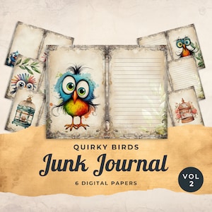 Quirky Birds Junk Journal Digital Paper, Funny Birds, 6 Digital Journal Pages, Paper Craft, Collage Sheet 11 x 8.5, JJ001